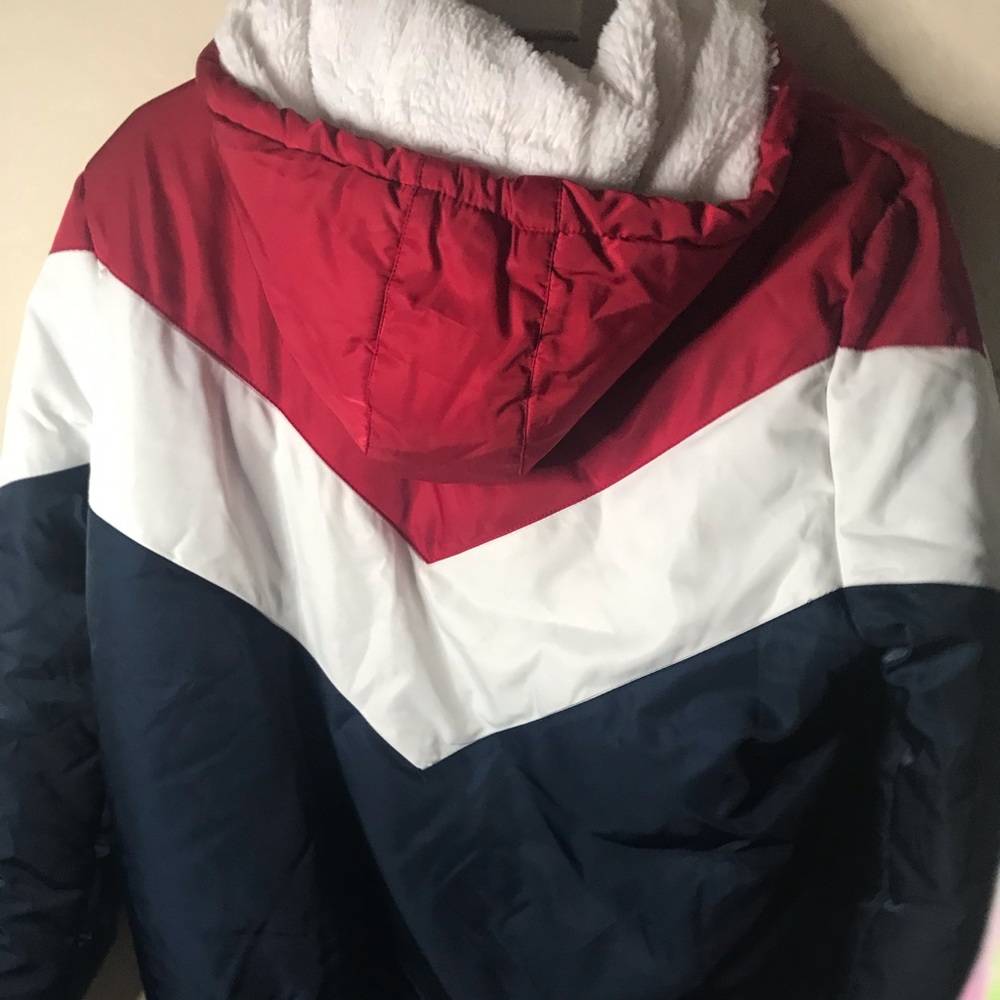 Red, white, and blue, puffer jacket